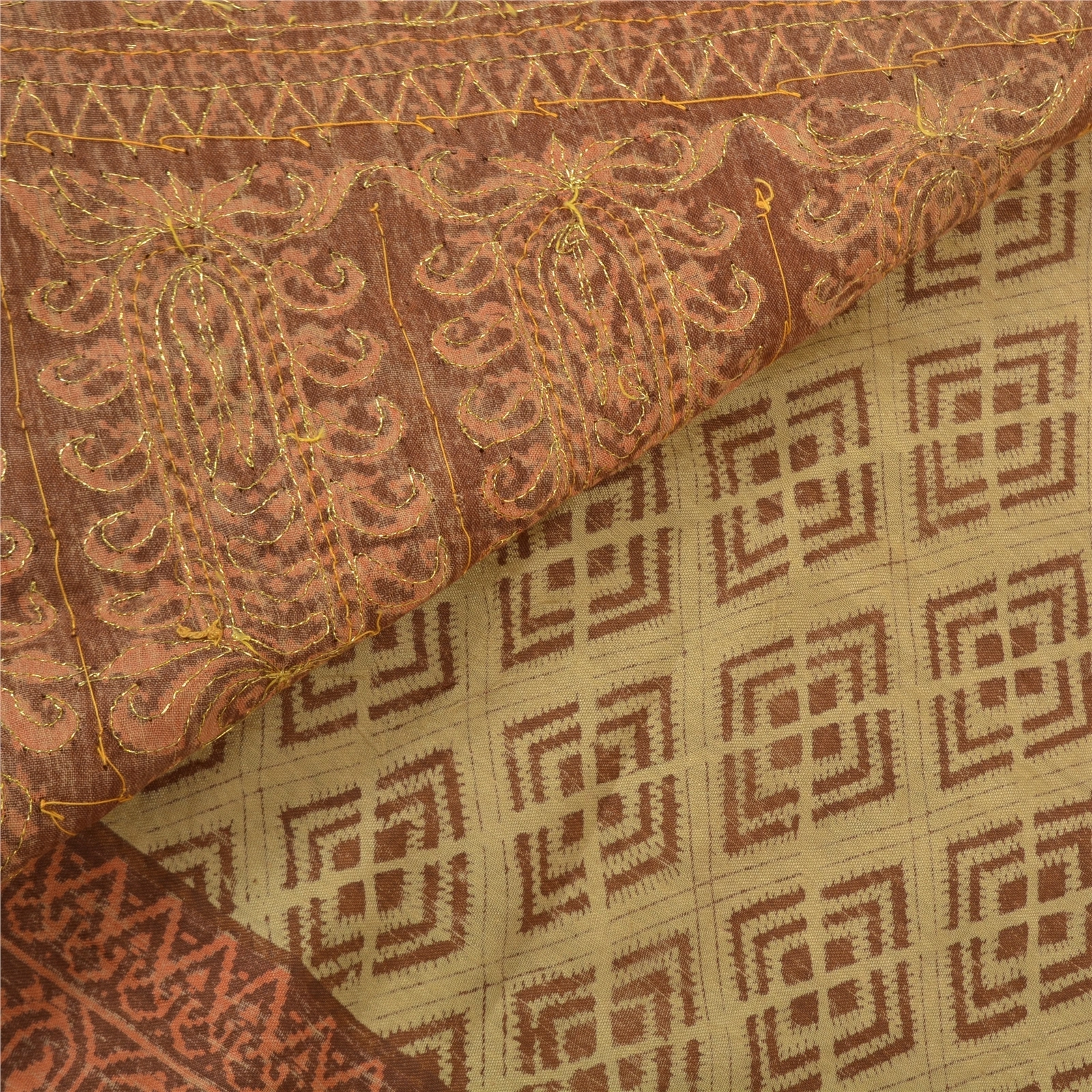 Sanskriti Vintage Brown Sarees Blend Cotton Hand Beaded Premium Sari Fabric, PS-56320-Brown &amp; Beige-Sequins Work-Blend Cotton-2