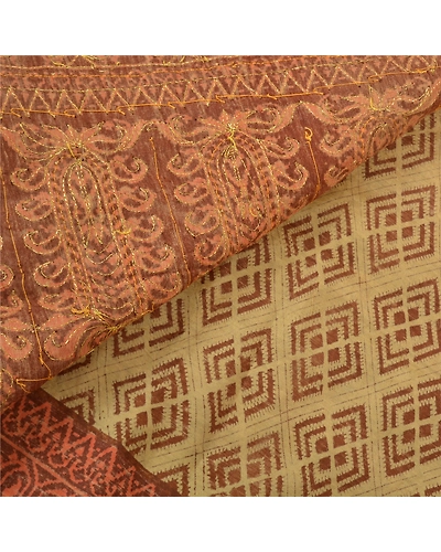Sanskriti Vintage Brown Sarees Blend Cotton Hand Beaded Premium Sari Fabric, PS-56320-Brown &amp; Beige-Sequins Work-Blend Cotton-2