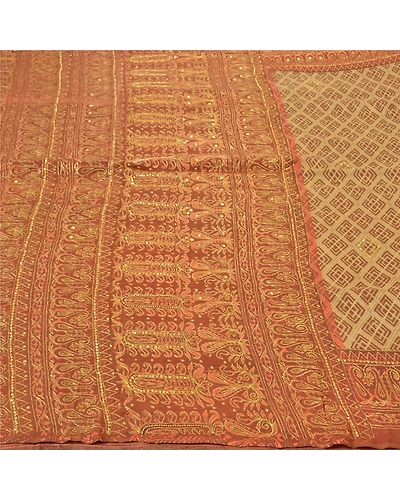 Sanskriti Vintage Brown Sarees Blend Cotton Hand Beaded Premium Sari Fabric, PS-56320-Brown &amp; Beige-Sequins Work-Blend Cotton-3