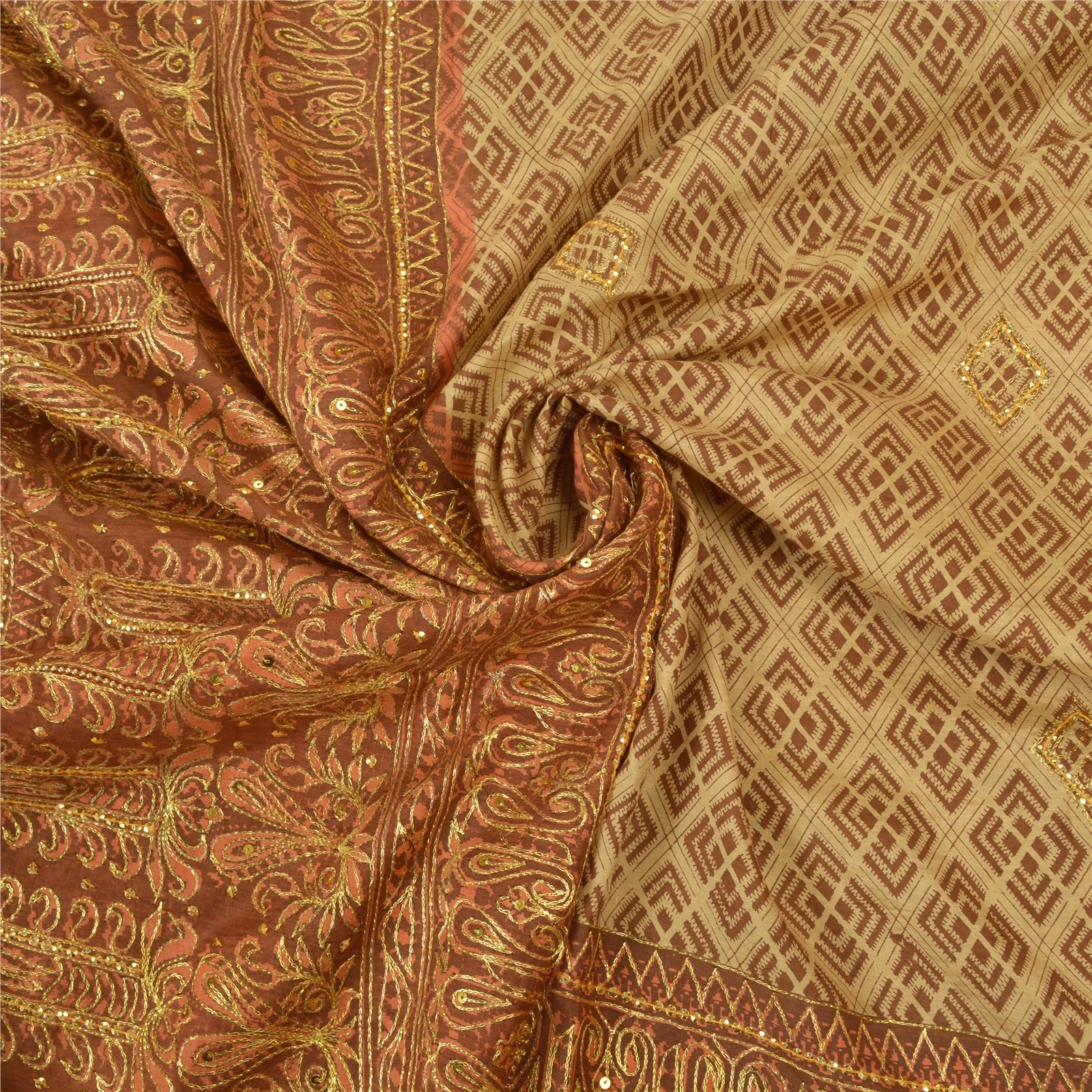 Sanskriti Vintage Brown Sarees Blend Cotton Hand Beaded Premium Sari Fabric, PS-56320-Brown &amp; Beige-Sequins Work-Blend Cotton-6