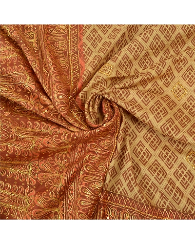 Sanskriti Vintage Brown Sarees Blend Cotton Hand Beaded Premium Sari Fabric, PS-56320-Brown &amp; Beige-Sequins Work-Blend Cotton-6