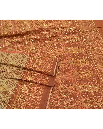 Sanskriti Vintage Brown Sarees Blend Cotton Hand Beaded Premium Sari Fabric, PS-56320-Brown &amp; Beige-Sequins Work-Blend Cotton-7