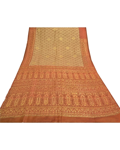 Sanskriti Vintage Brown Sarees Blend Cotton Hand Beaded Premium Sari Fabric, PS-56320-Brown &amp; Beige-Sequins Work-Blend Cotton-8