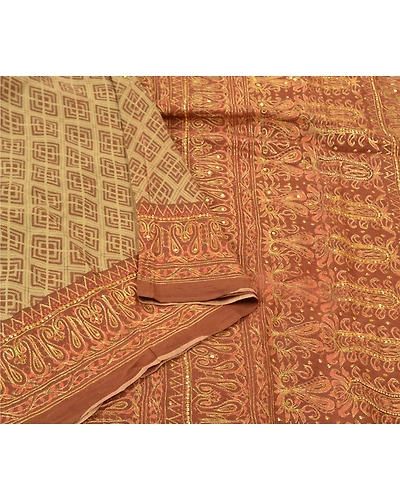 Sanskriti Vintage Brown Sarees Blend Cotton Hand Beaded Premium Sari Fabric, PS-56320-Brown &amp; Beige-Sequins Work-Blend Cotton-9