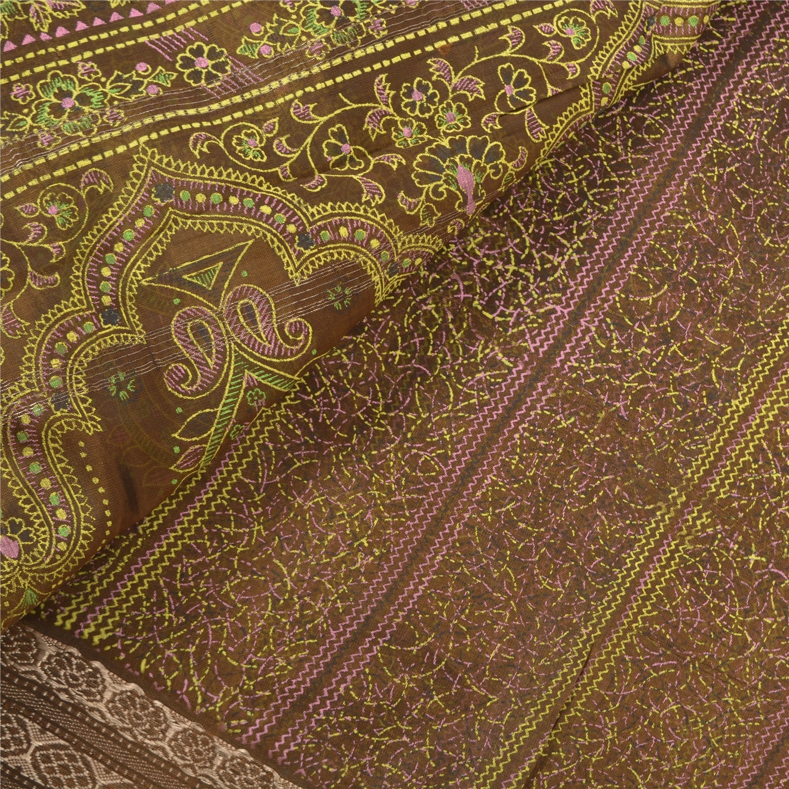 Sanskriti Vintage Sarees Pure Silk Brown Painted &amp; Brocade Sari Premium Fabric, PS-56348-Brown-Painted Work-100% Pure Silk-2