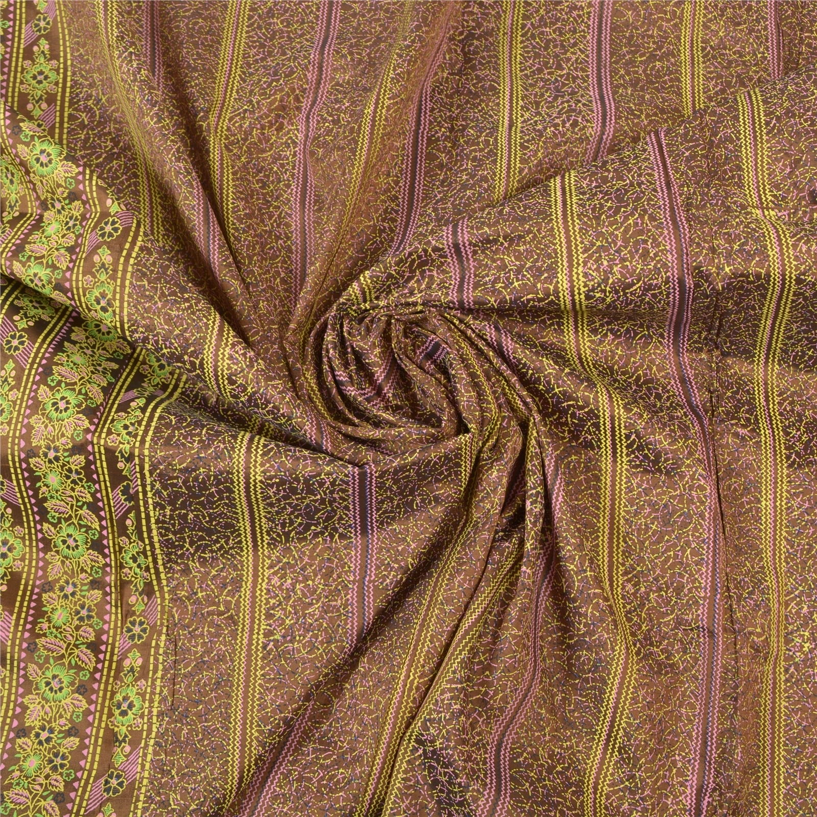 Sanskriti Vintage Sarees Pure Silk Brown Painted &amp; Brocade Sari Premium Fabric, PS-56348-Brown-Painted Work-100% Pure Silk-6