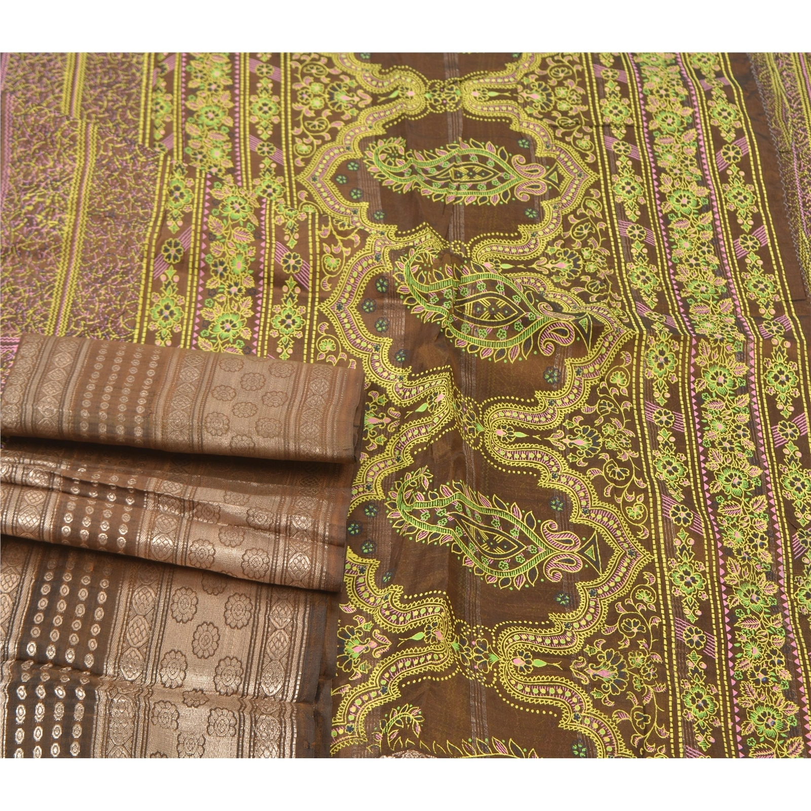 Sanskriti Vintage Sarees Pure Silk Brown Painted &amp; Brocade Sari Premium Fabric, PS-56348-Brown-Painted Work-100% Pure Silk-7