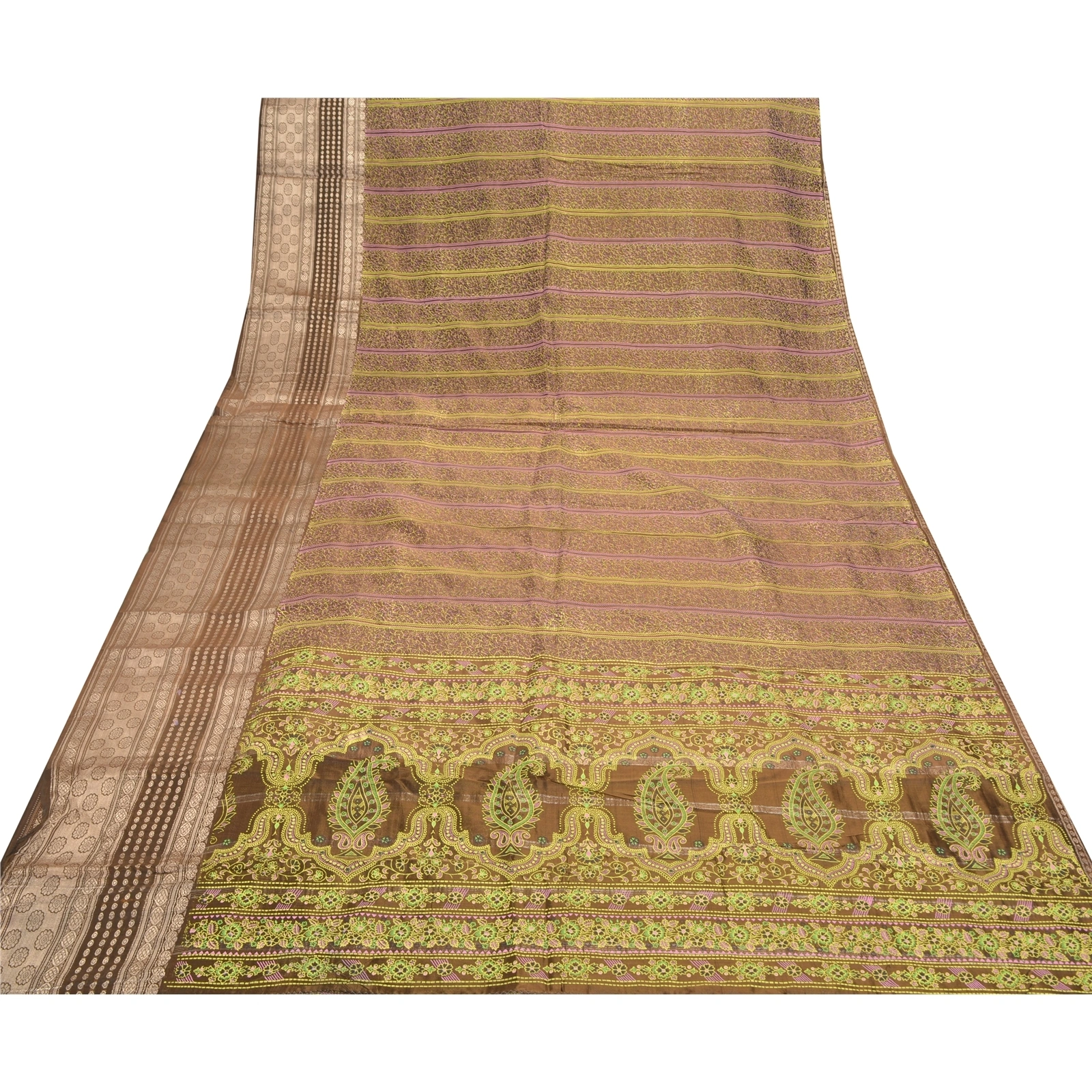 Sanskriti Vintage Sarees Pure Silk Brown Painted &amp; Brocade Sari Premium Fabric, PS-56348-Brown-Painted Work-100% Pure Silk-8