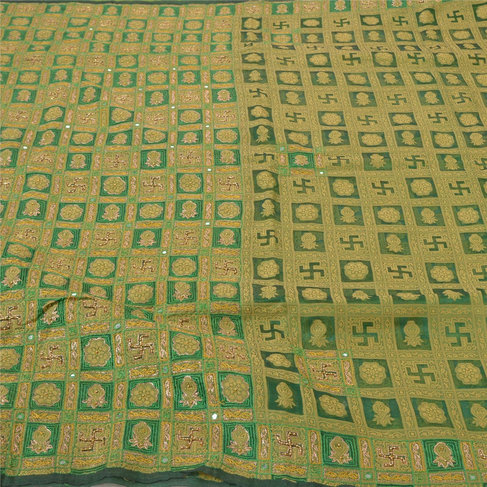 Sanskriti Vintage Green Sarees Organza Hand Beaded Woven Premium Sari Fabric, PS-56438-Green-Zari Work-Organza-3