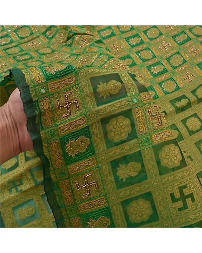 Sanskriti Vintage Green Sarees Organza Hand Beaded Woven Premium Sari Fabric, PS-56438-Green-Zari Work-Organza-4