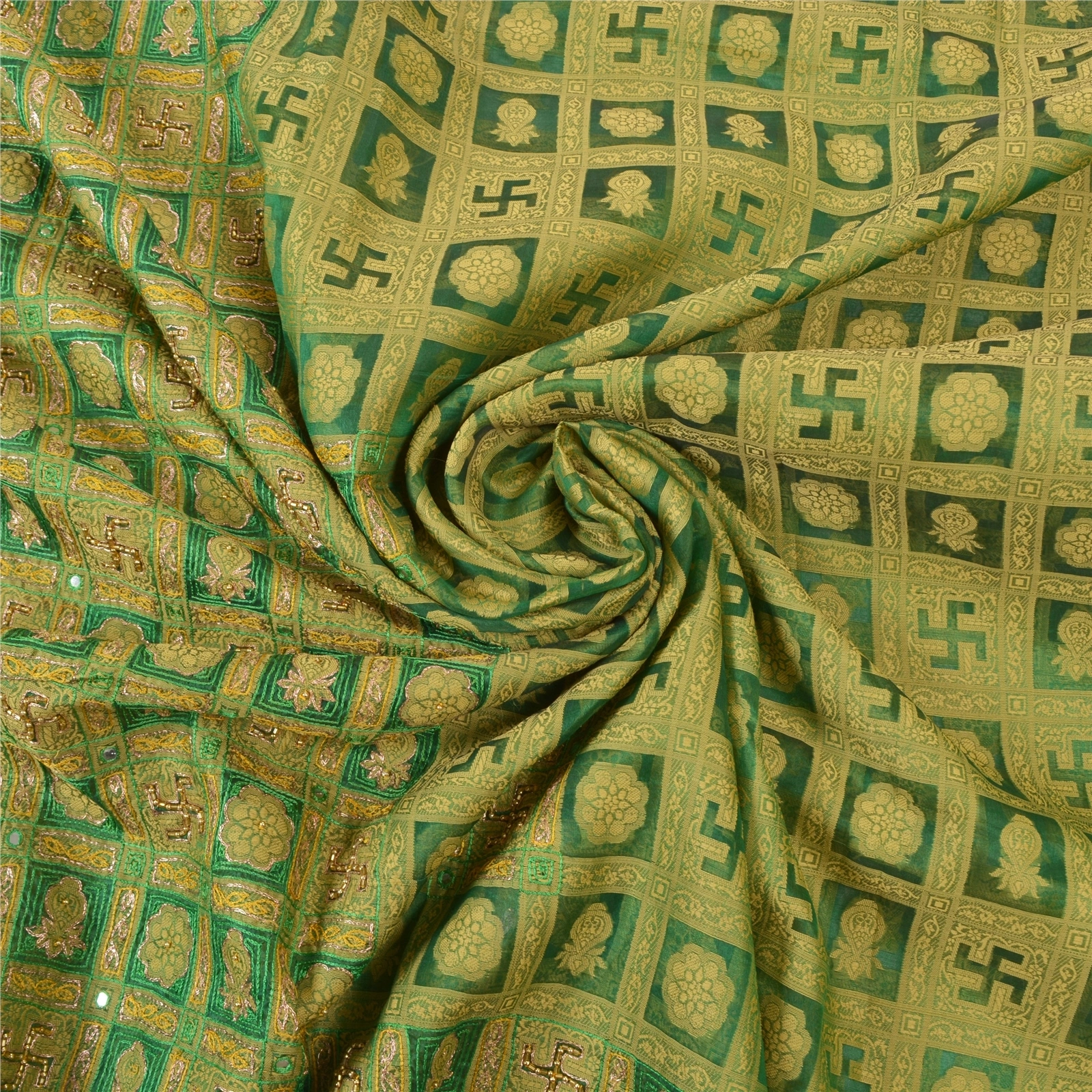 Sanskriti Vintage Green Sarees Organza Hand Beaded Woven Premium Sari Fabric, PS-56438-Green-Zari Work-Organza-6