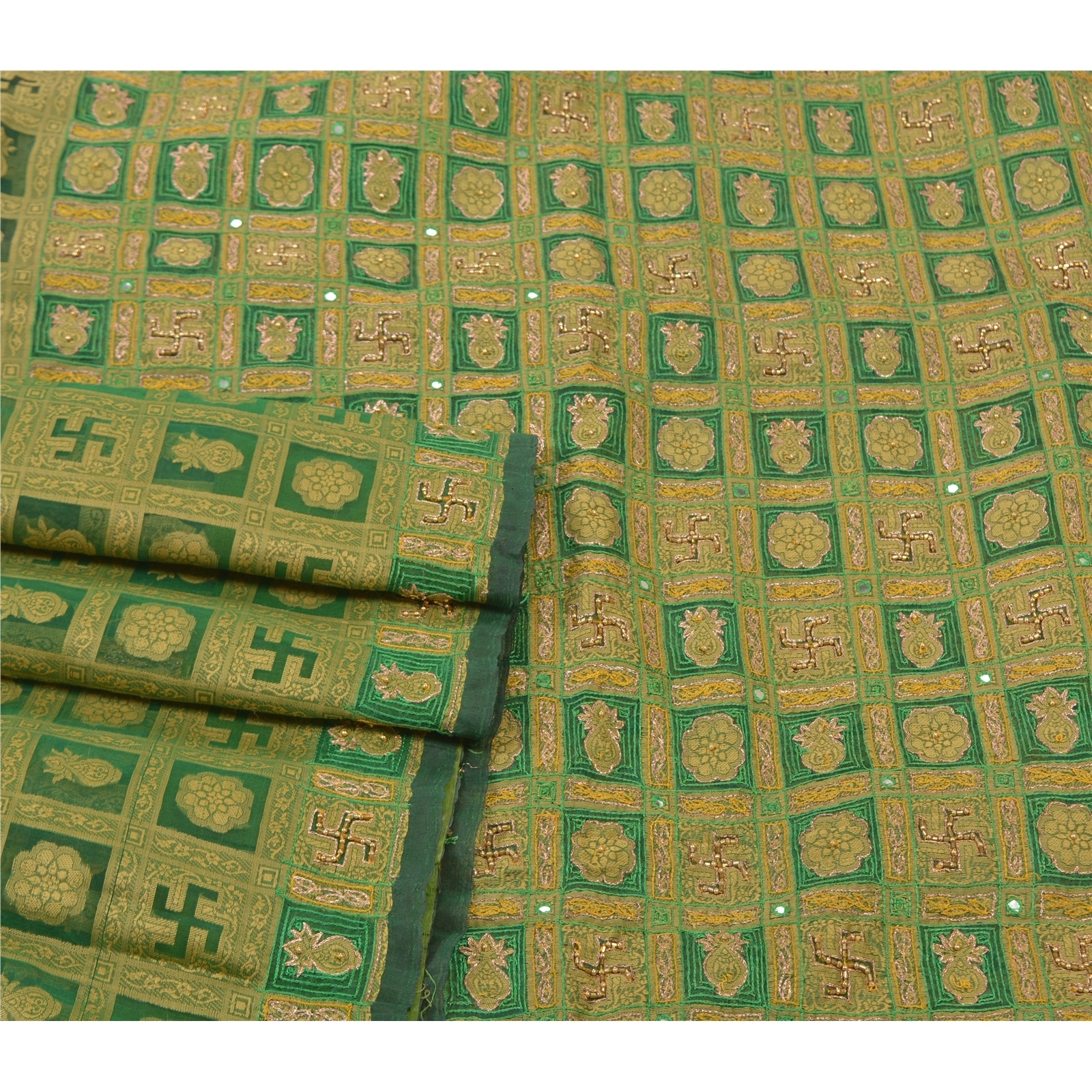 Sanskriti Vintage Green Sarees Organza Hand Beaded Woven Premium Sari Fabric, PS-56438-Green-Zari Work-Organza-7