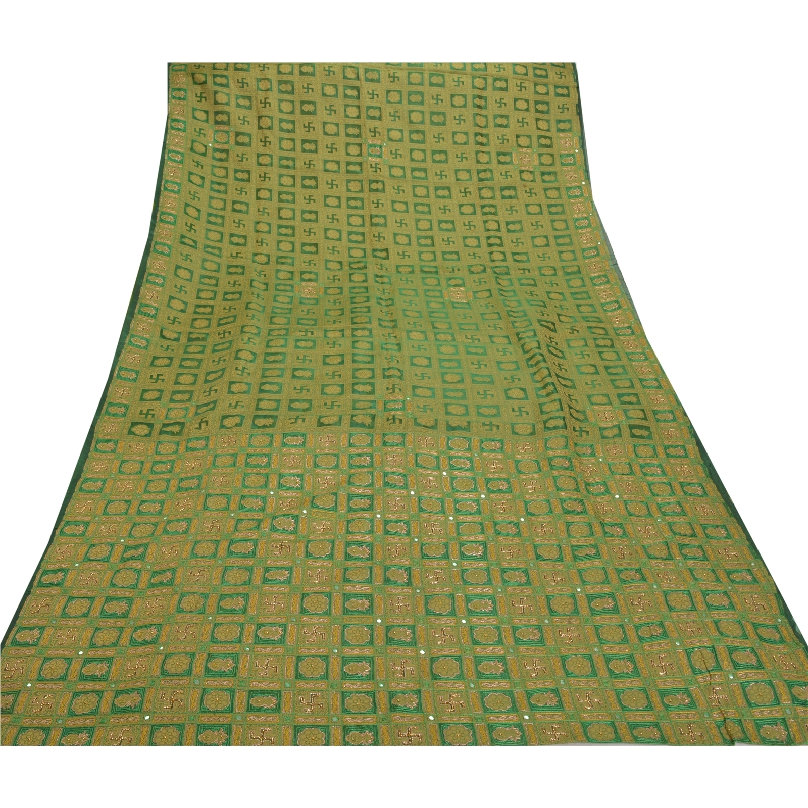 Sanskriti Vintage Green Sarees Organza Hand Beaded Woven Premium Sari Fabric, PS-56438-Green-Zari Work-Organza-8