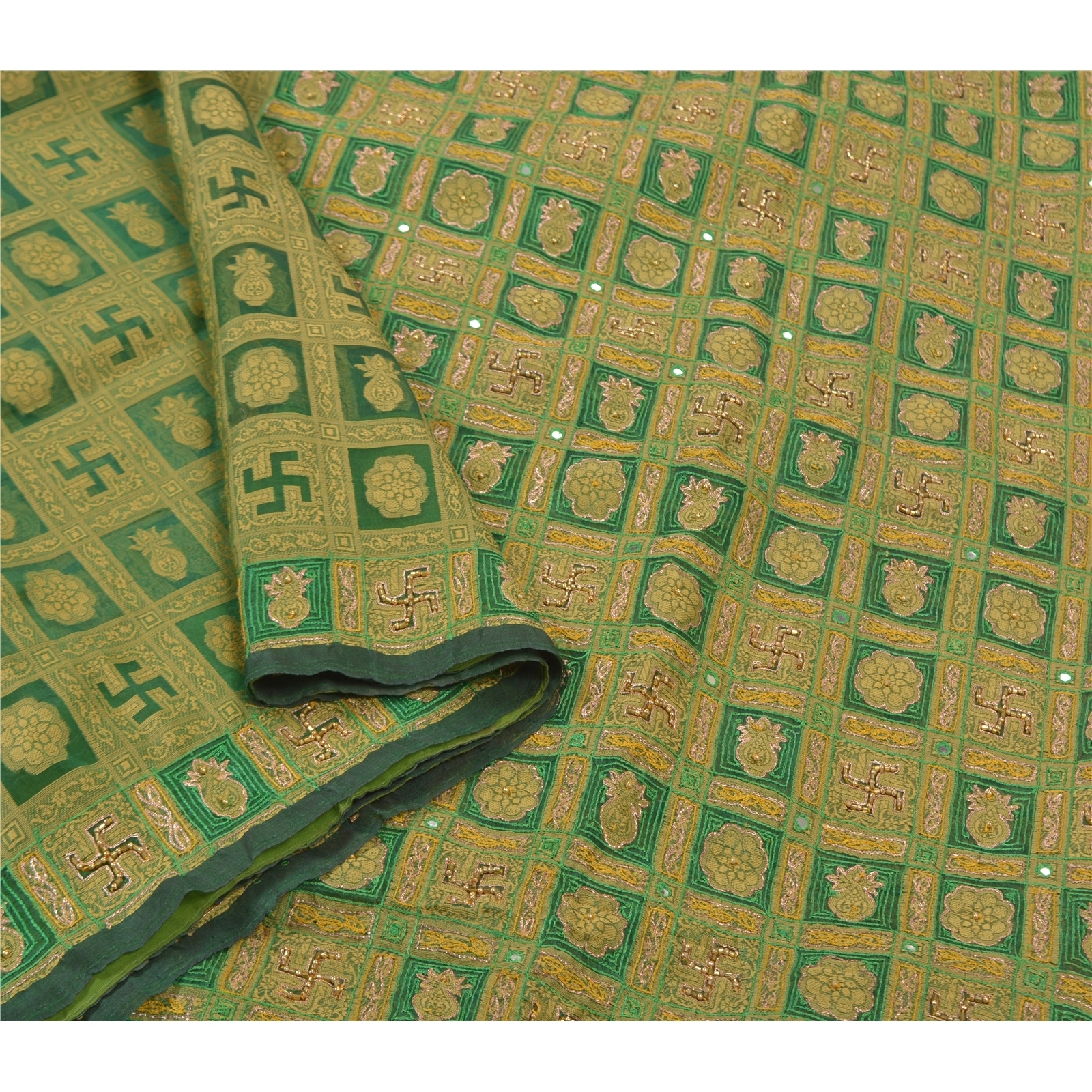 Sanskriti Vintage Green Sarees Organza Hand Beaded Woven Premium Sari Fabric, PS-56438-Green-Zari Work-Organza-9