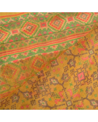 Sanskriti Vintage Yellow Sarees Blend Silk Printed Sari 5 Yard Craft Fabric, PS-56483-Shade Of Yellow-Printed Work-Blend Silk-2
