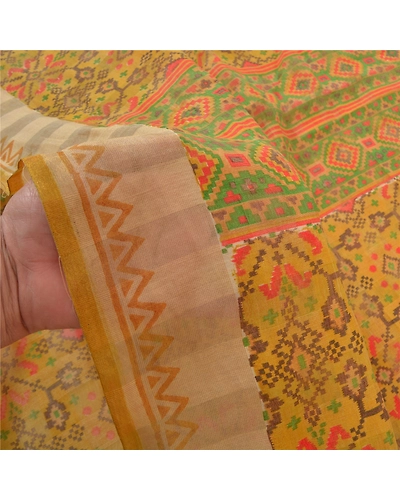 Sanskriti Vintage Yellow Sarees Blend Silk Printed Sari 5 Yard Craft Fabric, PS-56483-Shade Of Yellow-Printed Work-Blend Silk-4