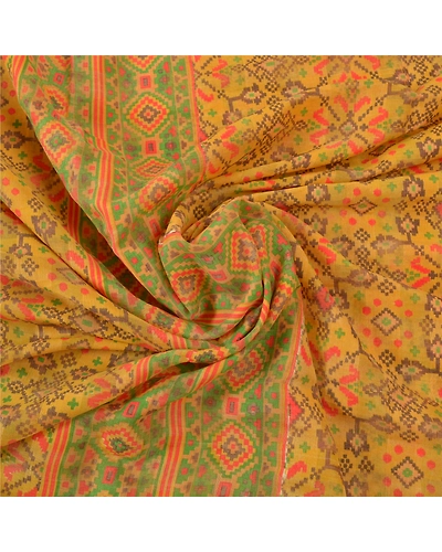 Sanskriti Vintage Yellow Sarees Blend Silk Printed Sari 5 Yard Craft Fabric, PS-56483-Shade Of Yellow-Printed Work-Blend Silk-6