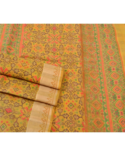 Sanskriti Vintage Yellow Sarees Blend Silk Printed Sari 5 Yard Craft Fabric, PS-56483-Shade Of Yellow-Printed Work-Blend Silk-7