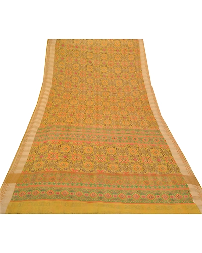 Sanskriti Vintage Yellow Sarees Blend Silk Printed Sari 5 Yard Craft Fabric, PS-56483-Shade Of Yellow-Printed Work-Blend Silk-8