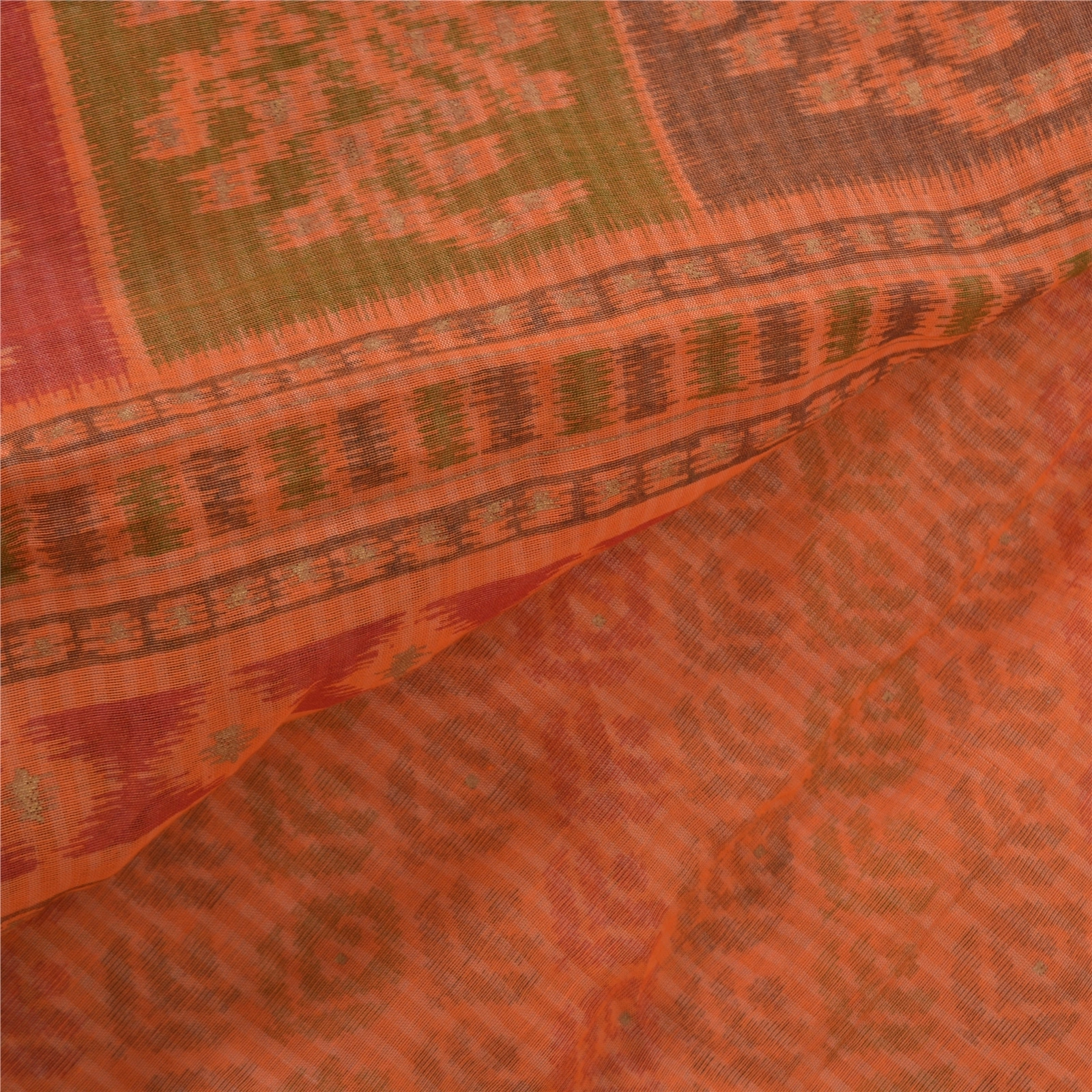 Sanskriti Vintage Saffron Sarees Pure Cotton Sari Printed Craft 5 Yard Fabric, PS-56497-Saffron-Printed Work-100% Pure Cotton-2