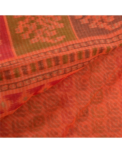 Sanskriti Vintage Saffron Sarees Pure Cotton Sari Printed Craft 5 Yard Fabric, PS-56497-Saffron-Printed Work-100% Pure Cotton-2