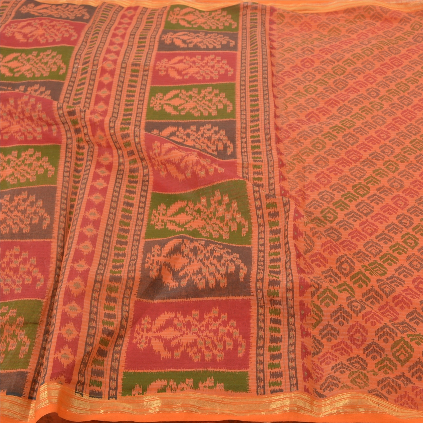 Sanskriti Vintage Saffron Sarees Pure Cotton Sari Printed Craft 5 Yard Fabric, PS-56497-Saffron-Printed Work-100% Pure Cotton-3