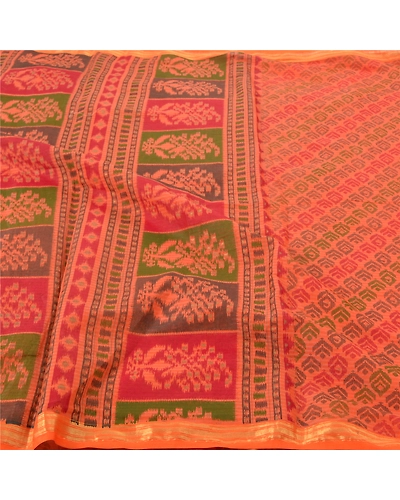 Sanskriti Vintage Saffron Sarees Pure Cotton Sari Printed Craft 5 Yard Fabric, PS-56497-Saffron-Printed Work-100% Pure Cotton-3