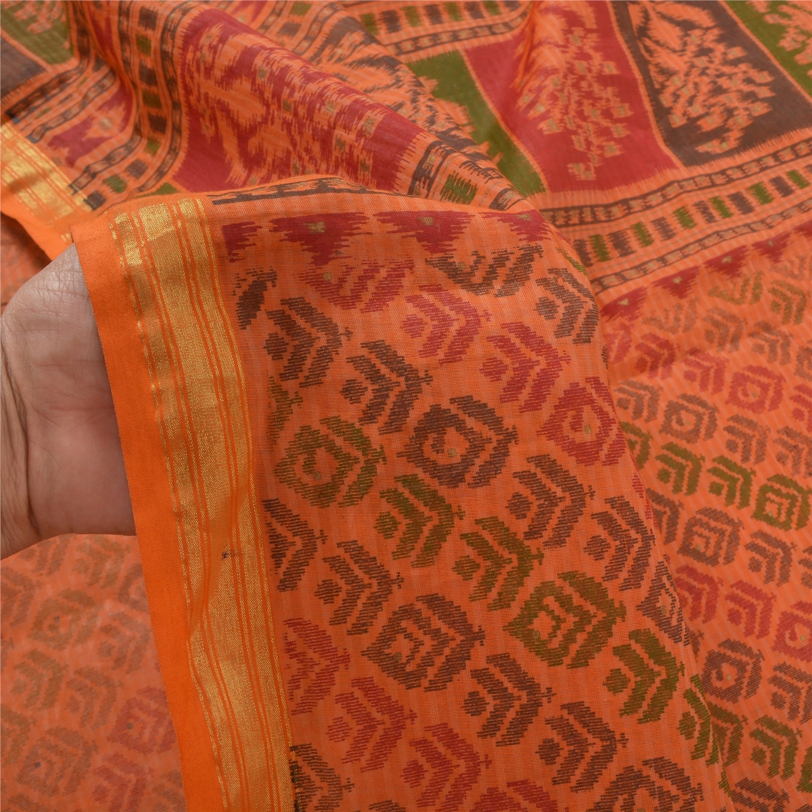 Sanskriti Vintage Saffron Sarees Pure Cotton Sari Printed Craft 5 Yard Fabric, PS-56497-Saffron-Printed Work-100% Pure Cotton-4