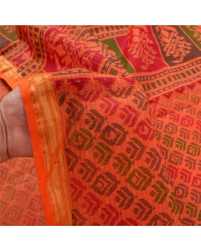Sanskriti Vintage Saffron Sarees Pure Cotton Sari Printed Craft 5 Yard Fabric, PS-56497-Saffron-Printed Work-100% Pure Cotton-4