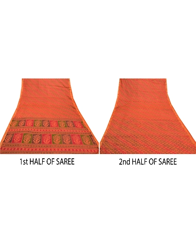 Sanskriti Vintage Saffron Sarees Pure Cotton Sari Printed Craft 5 Yard Fabric, PS-56497-Saffron-Printed Work-100% Pure Cotton-5
