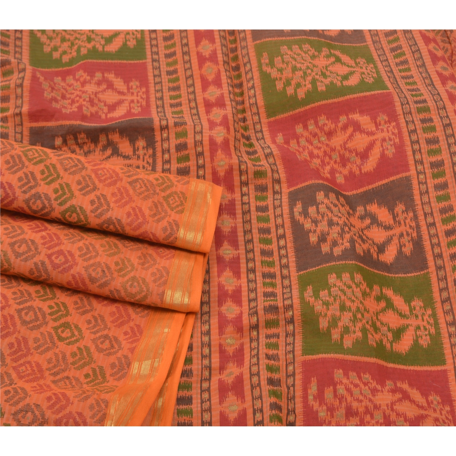 Sanskriti Vintage Saffron Sarees Pure Cotton Sari Printed Craft 5 Yard Fabric, PS-56497-Saffron-Printed Work-100% Pure Cotton-7