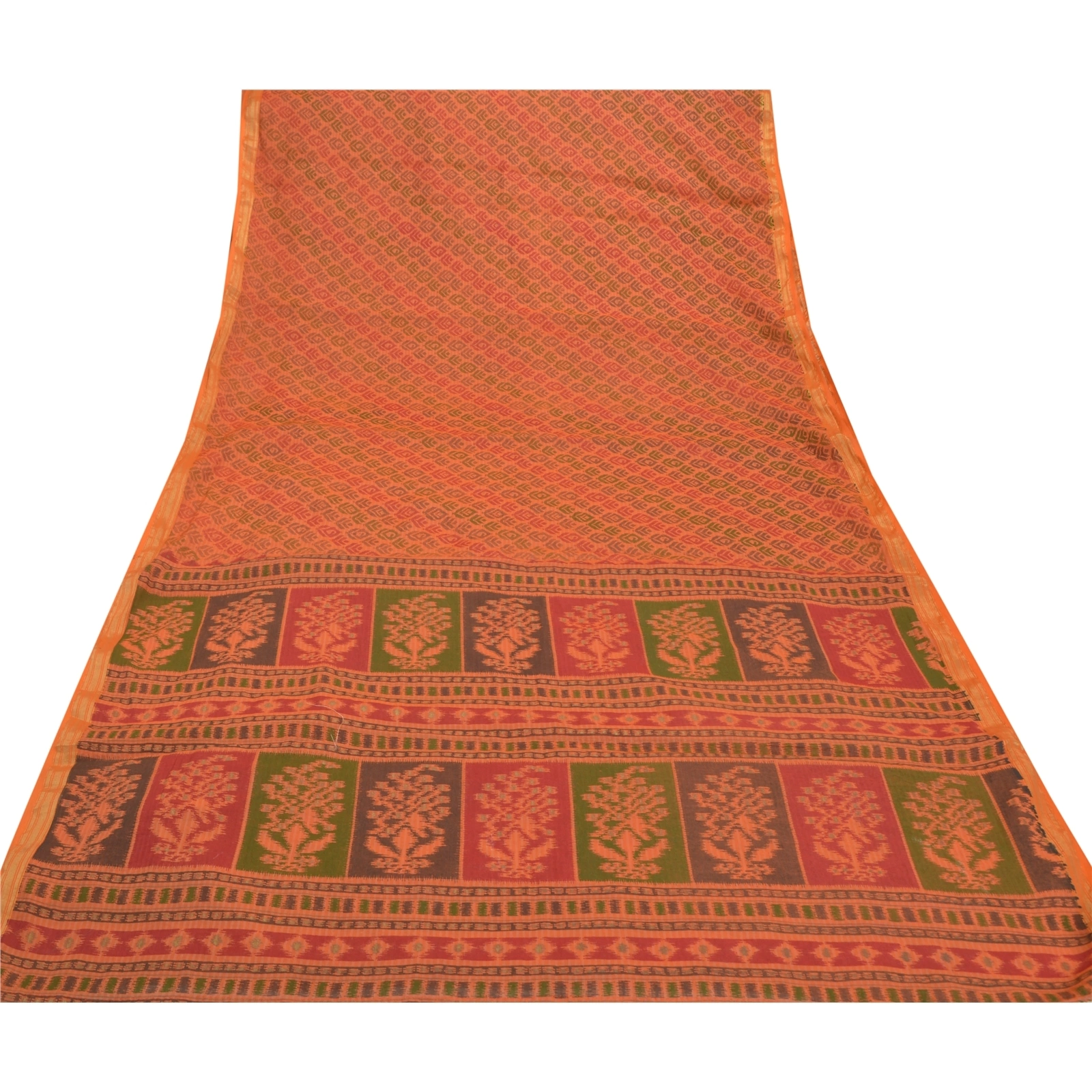 Sanskriti Vintage Saffron Sarees Pure Cotton Sari Printed Craft 5 Yard Fabric, PS-56497-Saffron-Printed Work-100% Pure Cotton-8