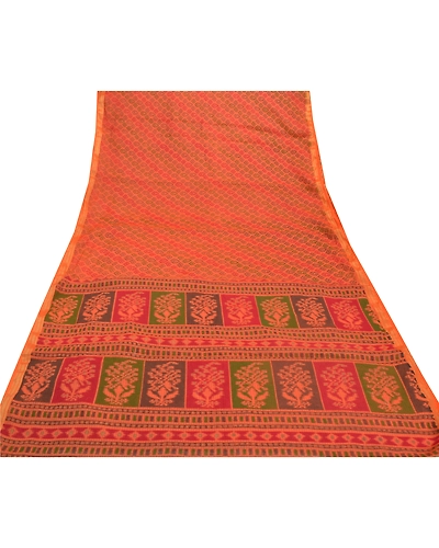 Sanskriti Vintage Saffron Sarees Pure Cotton Sari Printed Craft 5 Yard Fabric, PS-56497-Saffron-Printed Work-100% Pure Cotton-8