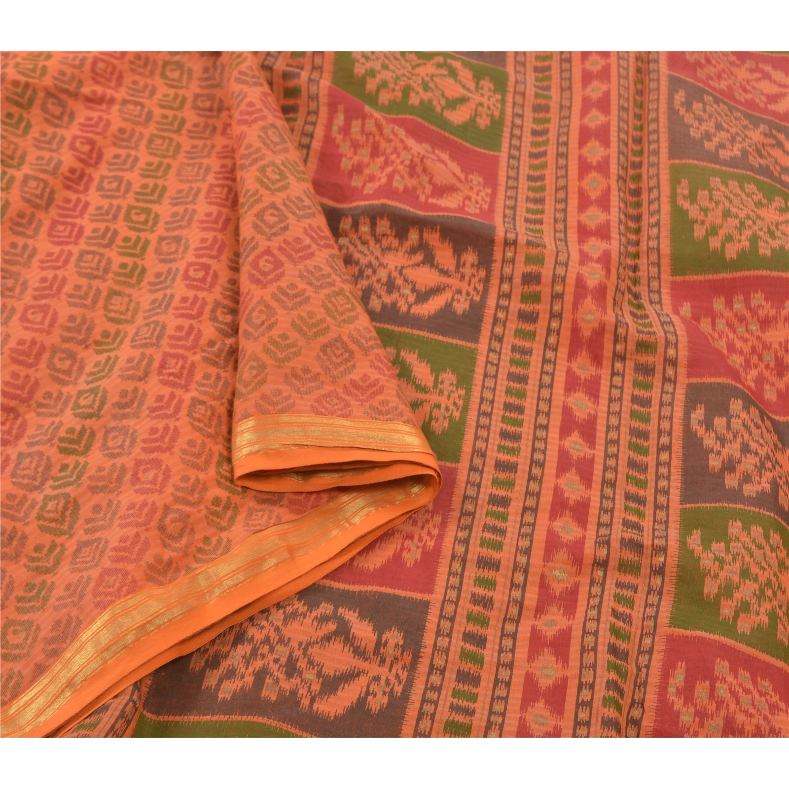 Sanskriti Vintage Saffron Sarees Pure Cotton Sari Printed Craft 5 Yard Fabric, PS-56497-Saffron-Printed Work-100% Pure Cotton-9