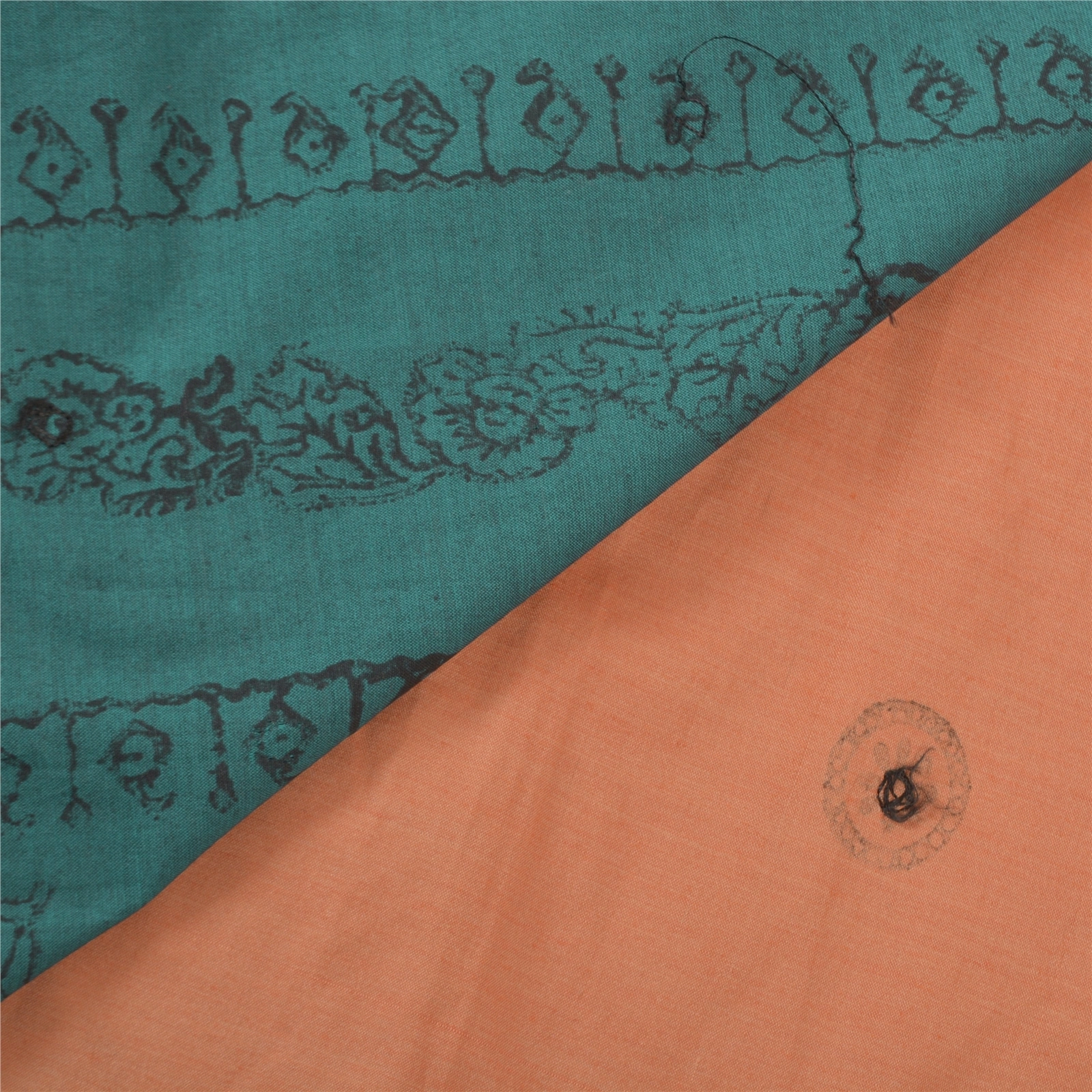 Sanskriti Vintage Green Sarees Blend Cotton Handmade Block Print Sari Fabric, PS-56505-Shade Of Green &amp; Peach-Printed Work-Blend Cotton-2