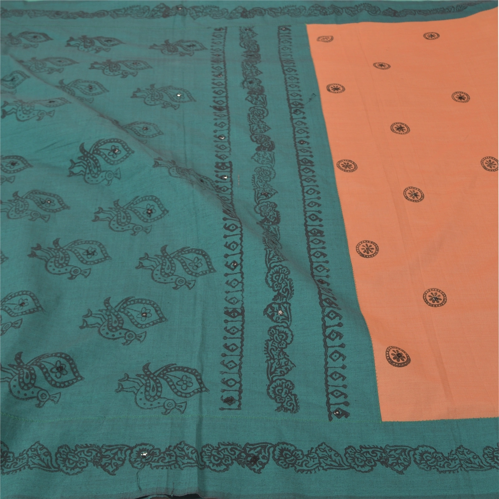 Sanskriti Vintage Green Sarees Blend Cotton Handmade Block Print Sari Fabric, PS-56505-Shade Of Green &amp; Peach-Printed Work-Blend Cotton-3