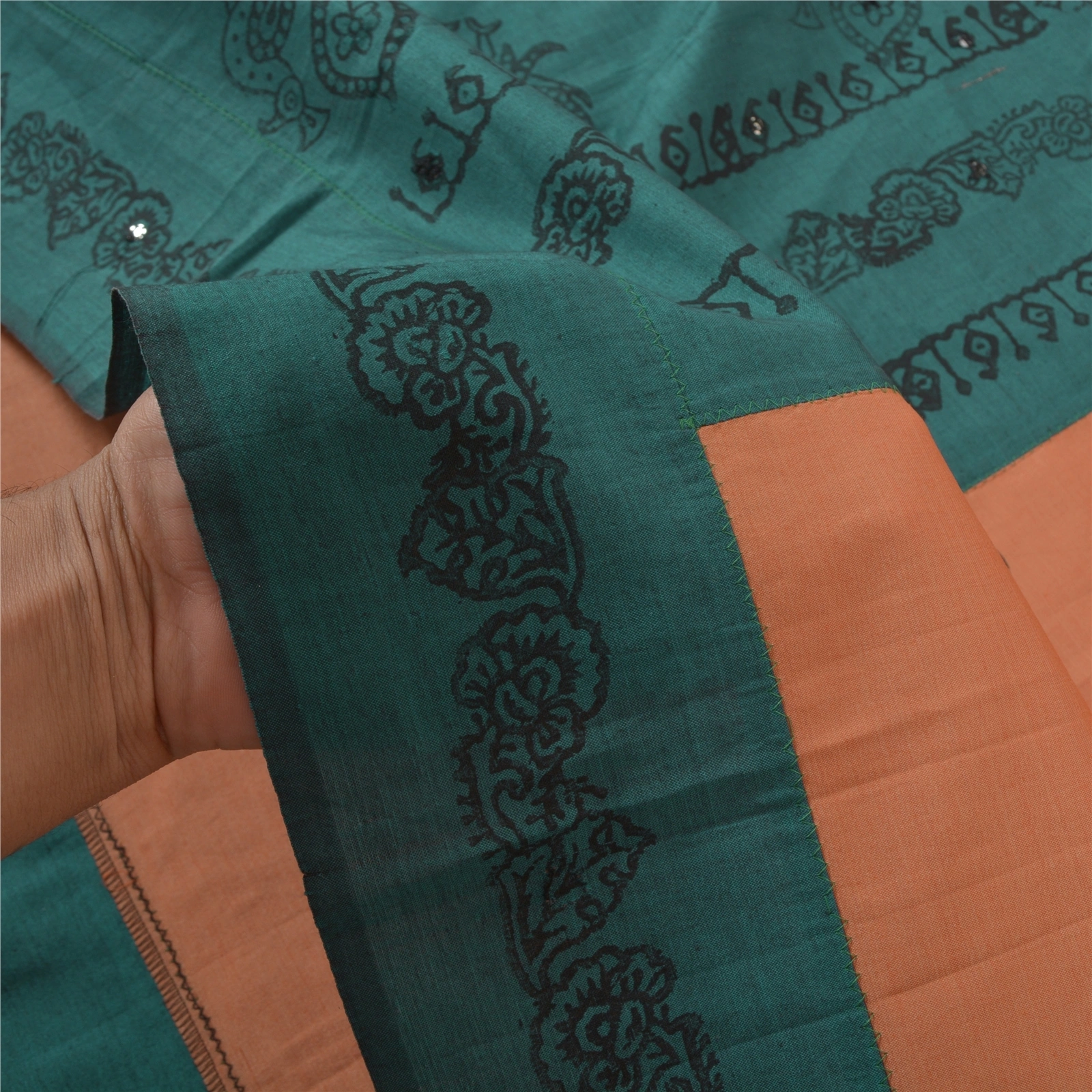 Sanskriti Vintage Green Sarees Blend Cotton Handmade Block Print Sari Fabric, PS-56505-Shade Of Green &amp; Peach-Printed Work-Blend Cotton-4