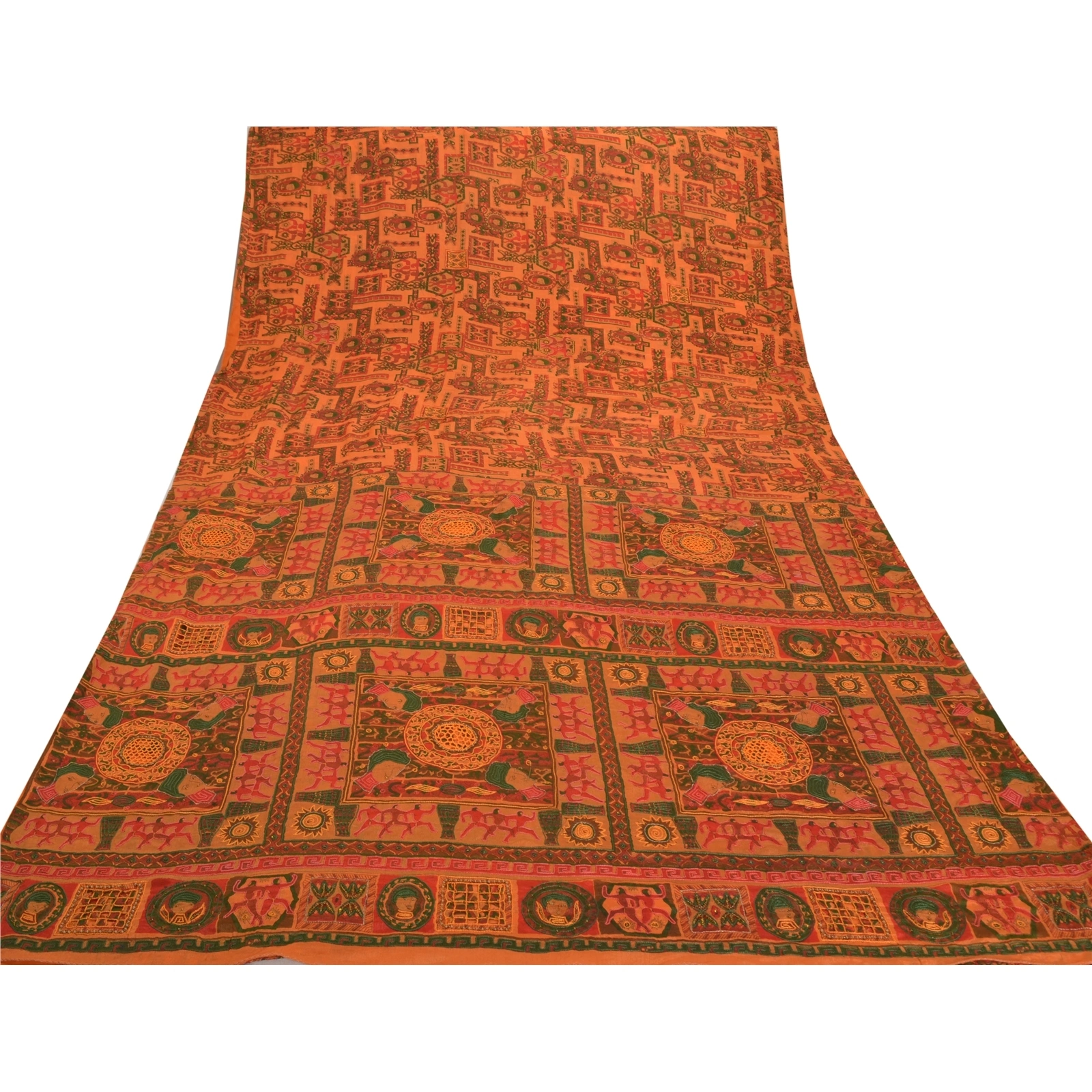 Sanskriti Vintage Saffron Sarees Pure Silk Hand Beaded Animal Sari Craft Fabric, PS-56507-Saffron-Thread Work-100% Pure Silk-8