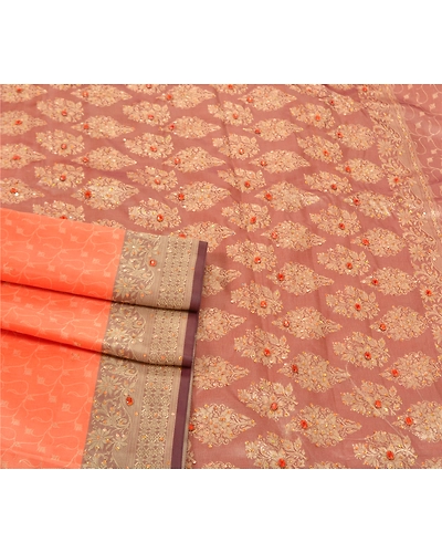 Sanskriti Vintage Orange Sarees Art Silk Hand Beaded Woven Sari Premium Fabric, PS-56510-Mauve &amp; Orange-Beaded Work-Art (Artificial) Silk-7
