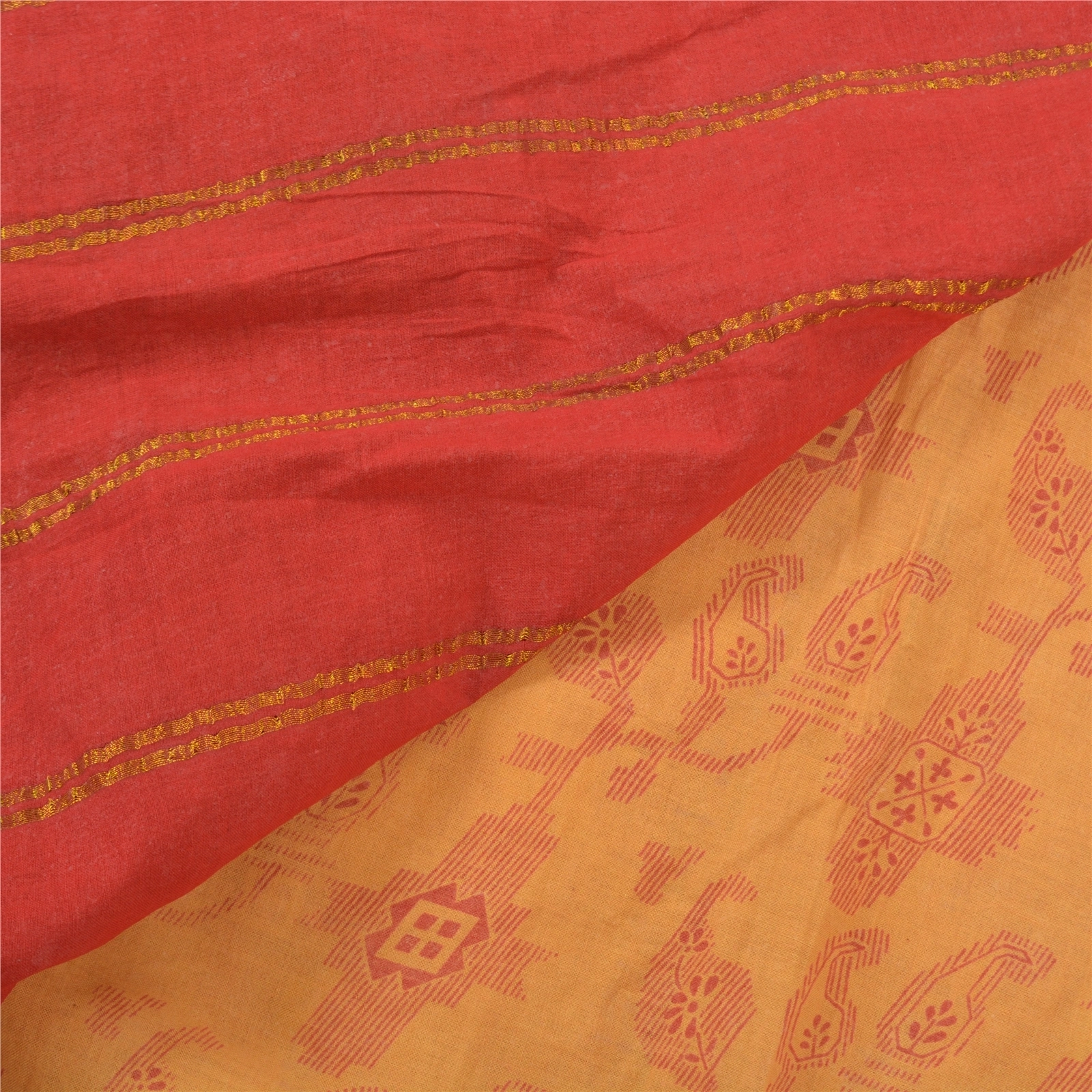 Sanskriti Vintage Red Indian Sari Pure Cotton Woven Printed Sarees 5 Yard Fabric, PS-56547-Red &amp; Beige-Zari Work-100% Pure Cotton-2