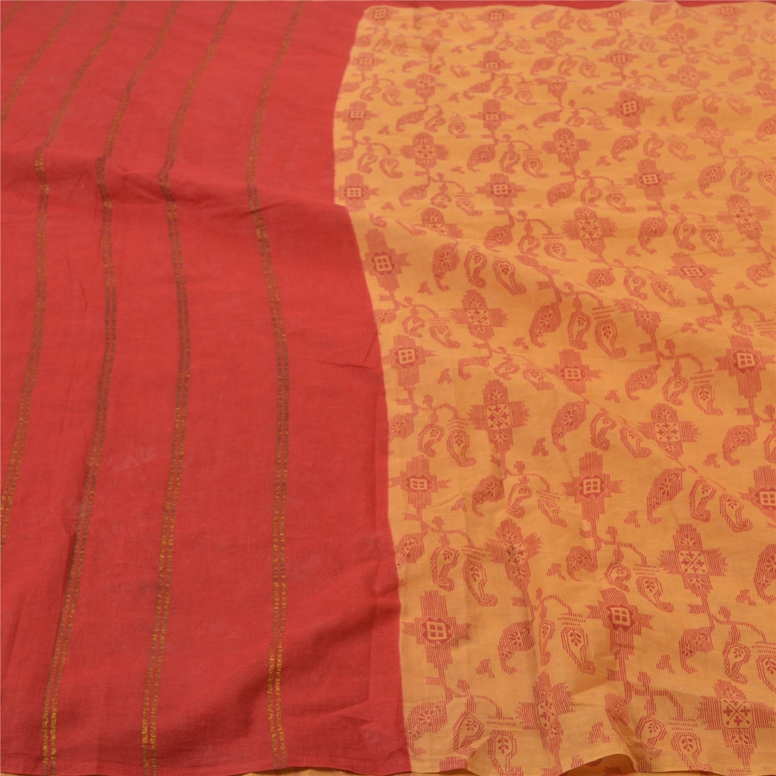 Sanskriti Vintage Red Indian Sari Pure Cotton Woven Printed Sarees 5 Yard Fabric, PS-56547-Red &amp; Beige-Zari Work-100% Pure Cotton-3