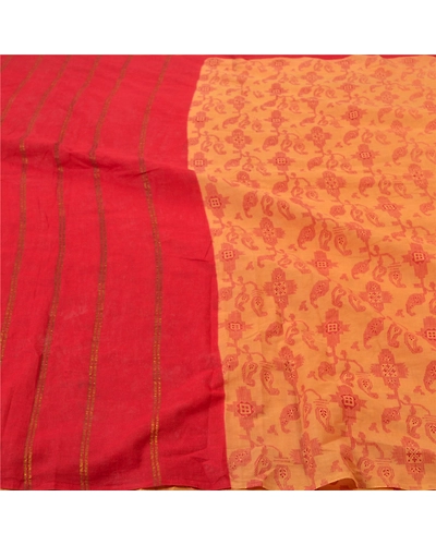 Sanskriti Vintage Red Indian Sari Pure Cotton Woven Printed Sarees 5 Yard Fabric, PS-56547-Red &amp; Beige-Zari Work-100% Pure Cotton-3