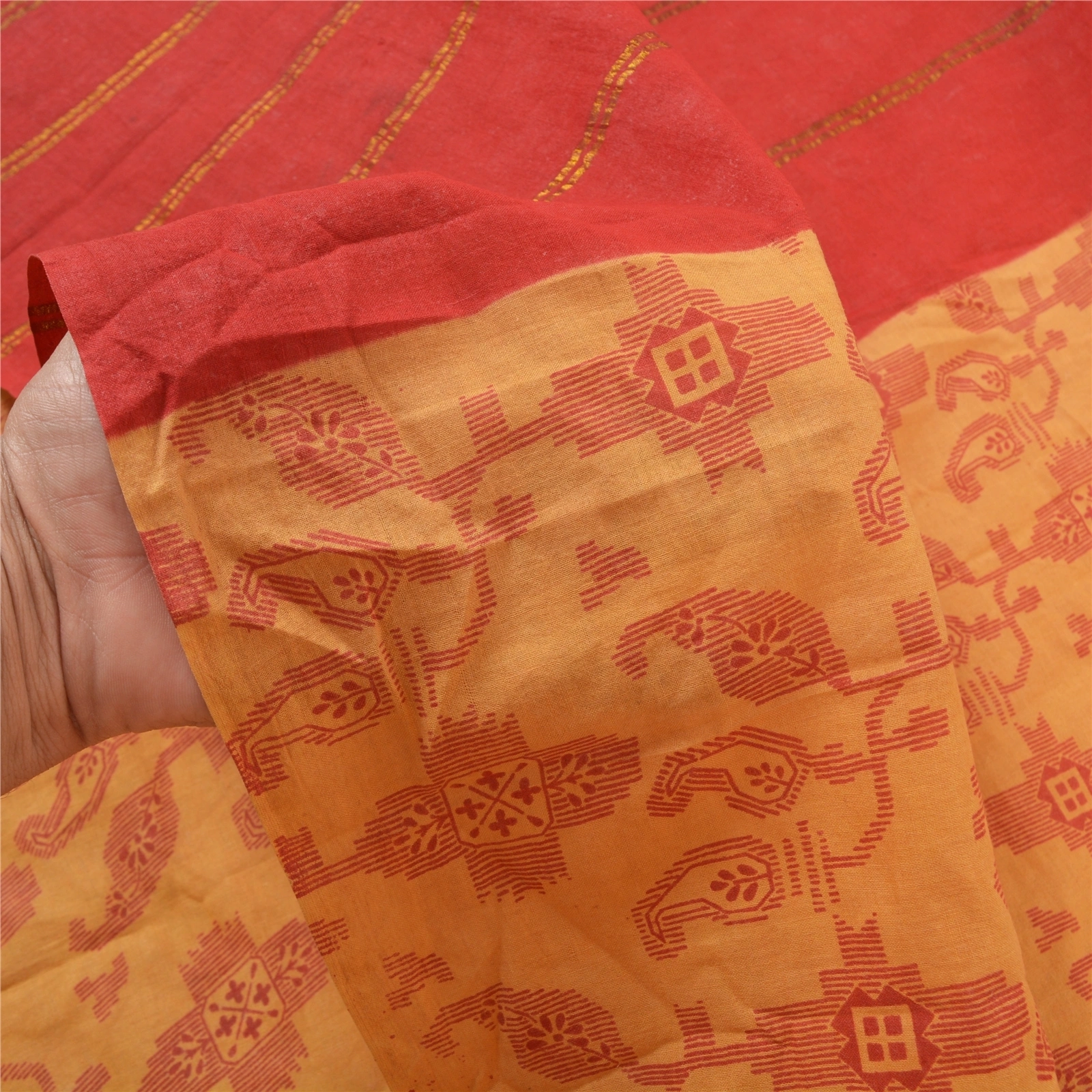 Sanskriti Vintage Red Indian Sari Pure Cotton Woven Printed Sarees 5 Yard Fabric, PS-56547-Red &amp; Beige-Zari Work-100% Pure Cotton-4