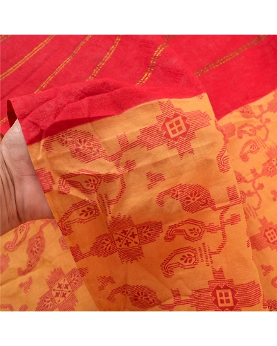 Sanskriti Vintage Red Indian Sari Pure Cotton Woven Printed Sarees 5 Yard Fabric, PS-56547-Red &amp; Beige-Zari Work-100% Pure Cotton-4