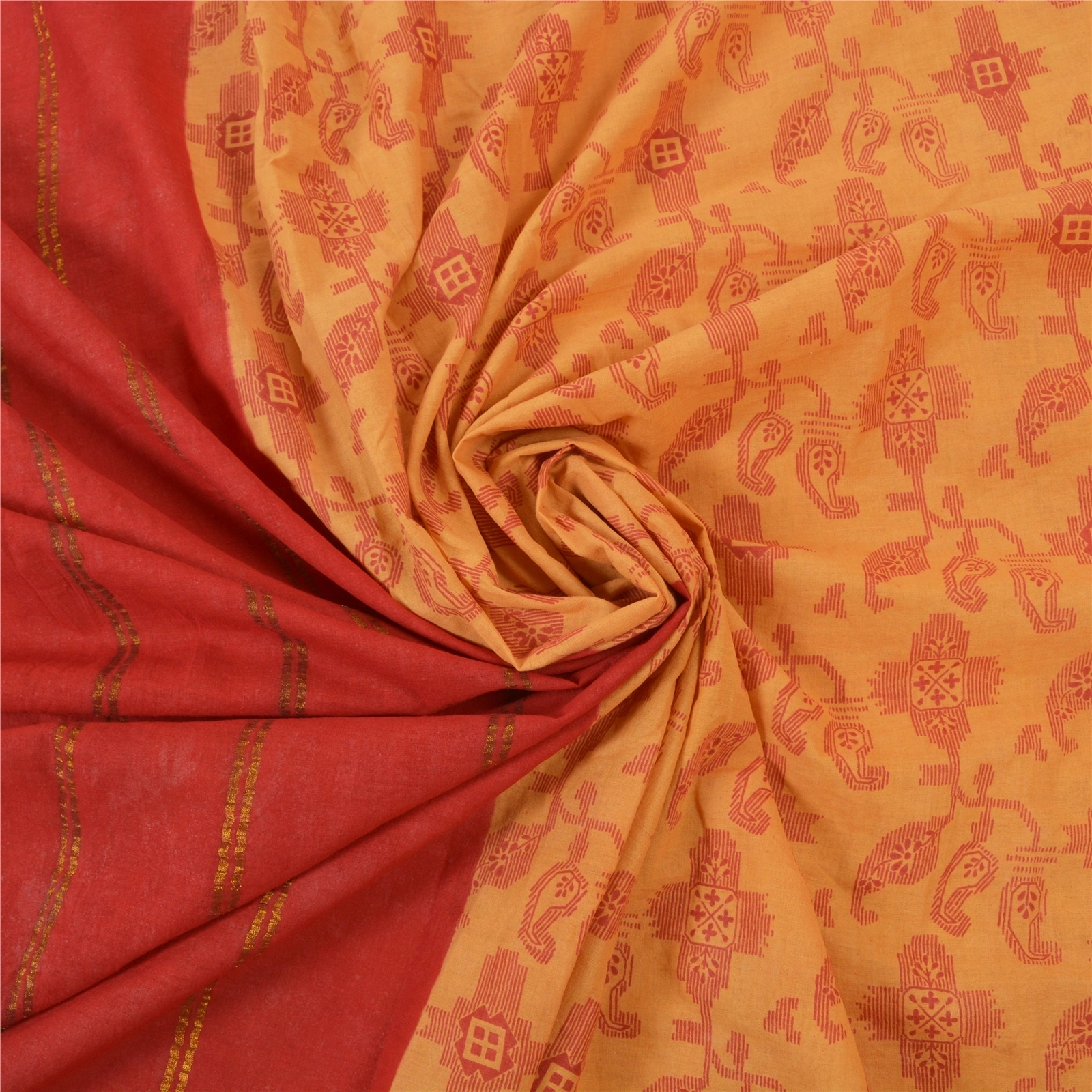 Sanskriti Vintage Red Indian Sari Pure Cotton Woven Printed Sarees 5 Yard Fabric, PS-56547-Red &amp; Beige-Zari Work-100% Pure Cotton-6