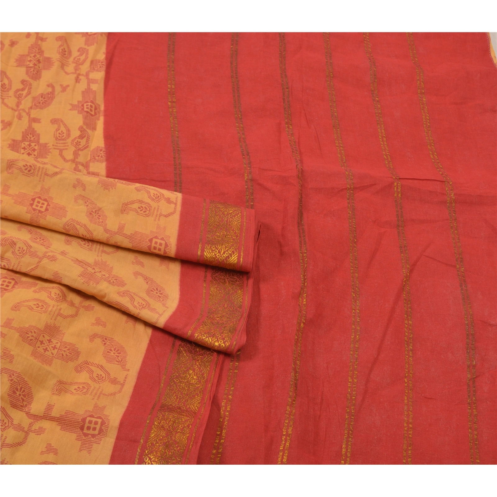 Sanskriti Vintage Red Indian Sari Pure Cotton Woven Printed Sarees 5 Yard Fabric, PS-56547-Red &amp; Beige-Zari Work-100% Pure Cotton-7