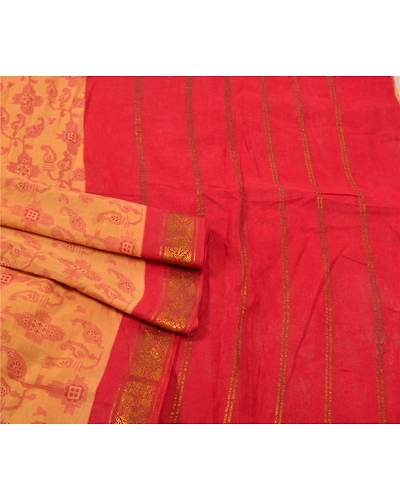 Sanskriti Vintage Red Indian Sari Pure Cotton Woven Printed Sarees 5 Yard Fabric, PS-56547-Red &amp; Beige-Zari Work-100% Pure Cotton-7