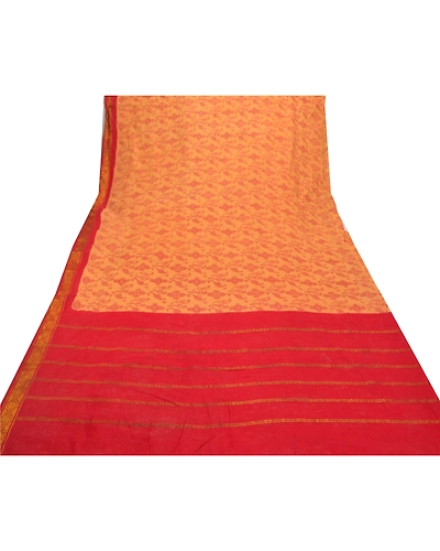 Sanskriti Vintage Red Indian Sari Pure Cotton Woven Printed Sarees 5 Yard Fabric, PS-56547-Red &amp; Beige-Zari Work-100% Pure Cotton-8