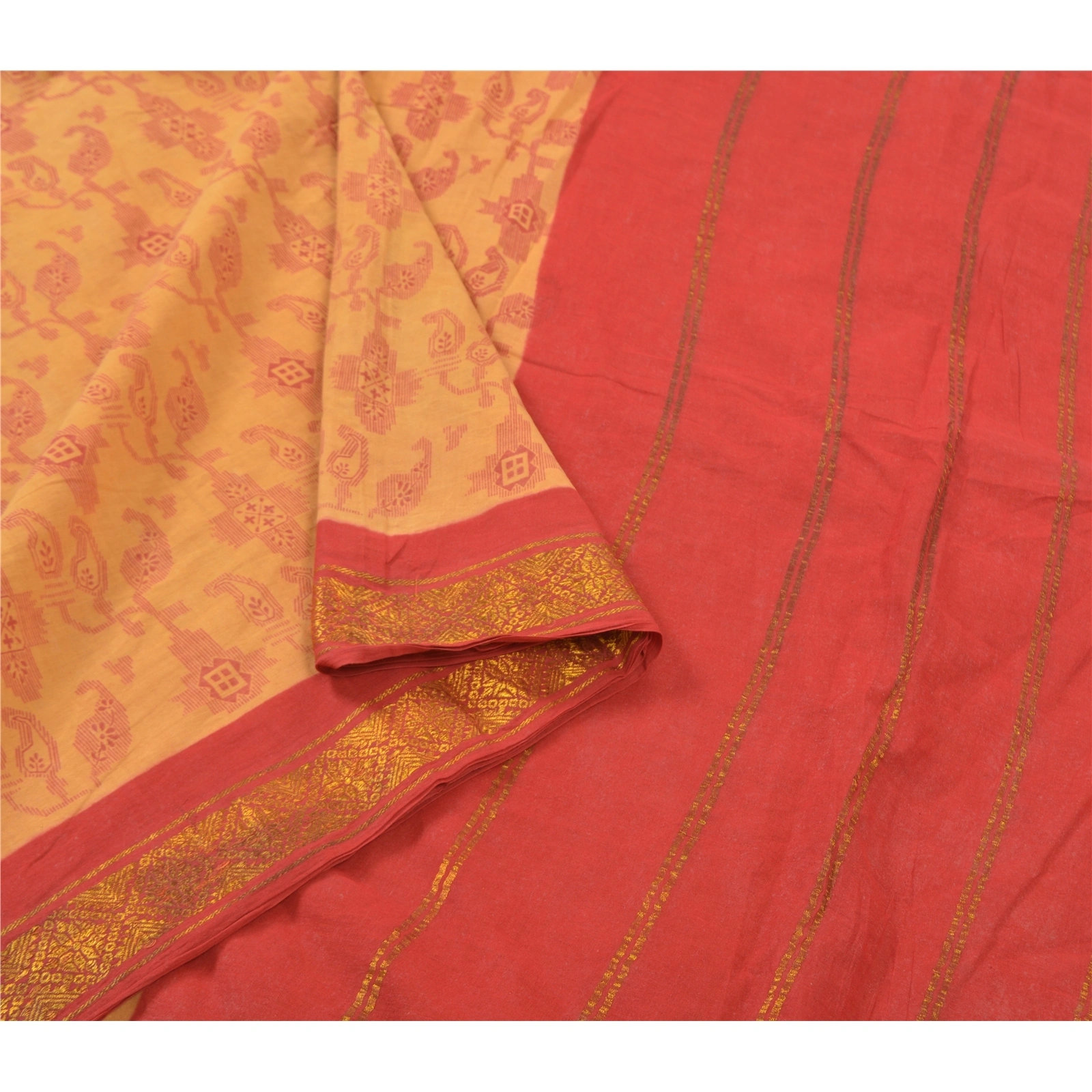 Sanskriti Vintage Red Indian Sari Pure Cotton Woven Printed Sarees 5 Yard Fabric, PS-56547-Red &amp; Beige-Zari Work-100% Pure Cotton-9