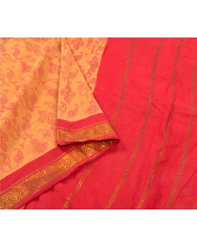 Sanskriti Vintage Red Indian Sari Pure Cotton Woven Printed Sarees 5 Yard Fabric, PS-56547-Red &amp; Beige-Zari Work-100% Pure Cotton-9